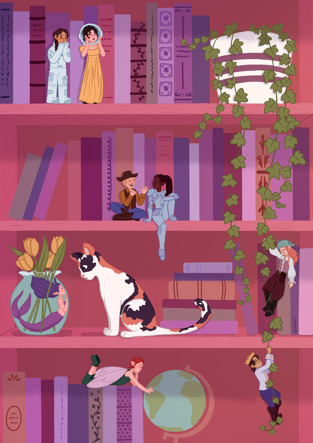illustration of a bookcase filled with characters from the books, including a astronaut, a cowbow, a knight and a mermaid